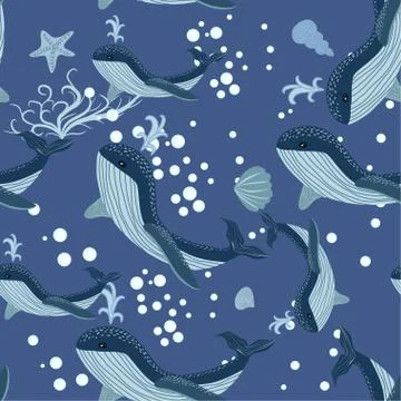 Seamless Pattern cute adorable beach funny theme, ocean blue whale,jelly fish Stock Illustration