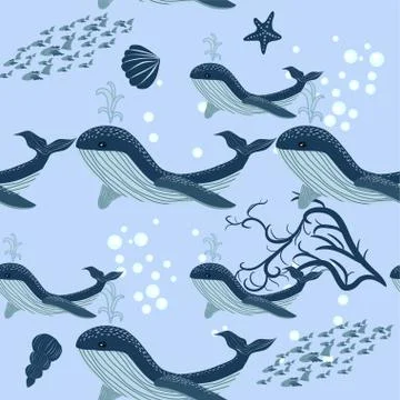 Seamless Pattern cute adorable beach funny theme, ocean blue whale,jelly fish Stock Illustration