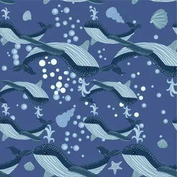 Seamless Pattern cute adorable beach funny theme, ocean blue whale,jelly fish Stockillustratie