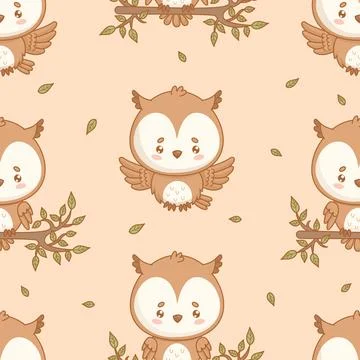 Seamless pattern. Cute Adorable cartoon owl on branch with leaves on beige .. Stock Illustration