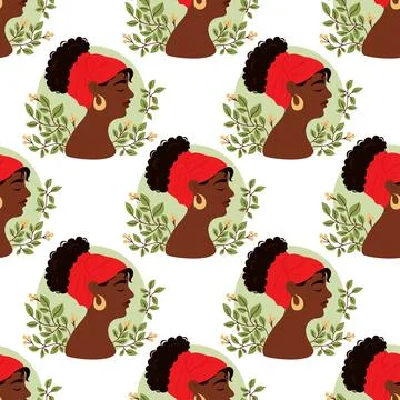 Seamless pattern with Cute African American woman in profile with leaves on Stock Illustration