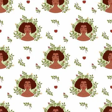 Seamless pattern with Cute African American woman with leaves on white back.. Stock Illustration