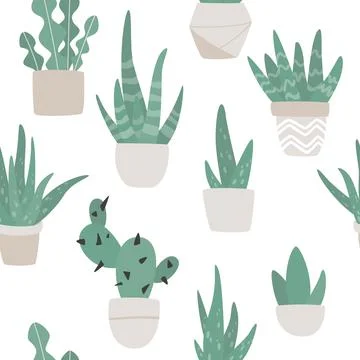 Seamless pattern of cute aloe vera, ?actus and succulent plants growing in po Illustrazione stock