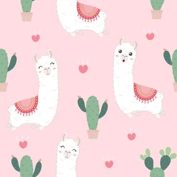 Seamless pattern with cute Alpacas and Cactus. Stock Illustration