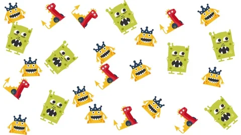 Seamless Pattern of Cute and Colorful Cartoon Monsters on a White Background Stock Footage 345539445