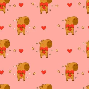 Seamless pattern. Cute animal capybara with heart on pink background. Vecto.. Stock Illustration