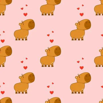 Seamless pattern. Cute animal capybara on pink background with hearts. Vect.. Stock Illustration