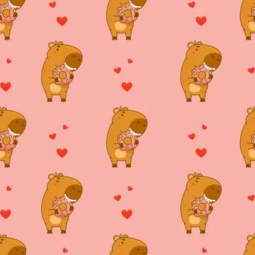 Seamless pattern. Cute animal capybara with donut on pink background with h.. Stock Illustration