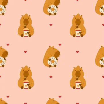 Seamless pattern. Cute animal capybara with donut and coffee on pink backgr.. Stock Illustration