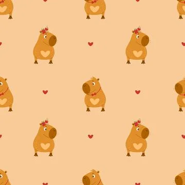 Seamless pattern with cute animal capybara girl and boy with heart. Vector .. Stock Illustration