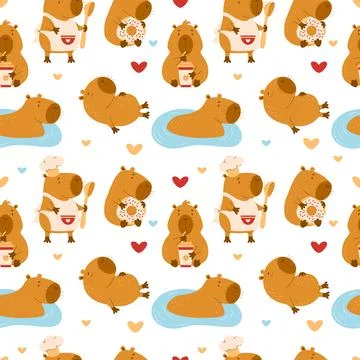 Seamless pattern. Cute animal capybaras characters on white background. Vector Stock Illustration