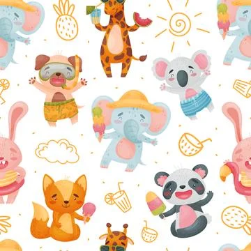 Seamless Pattern with Cute Animal Enjoy Summer Vector Template Illustrazione stock