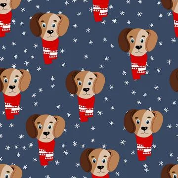 Seamless pattern with cute animal face on color background. Dog in a winter Stock Illustration