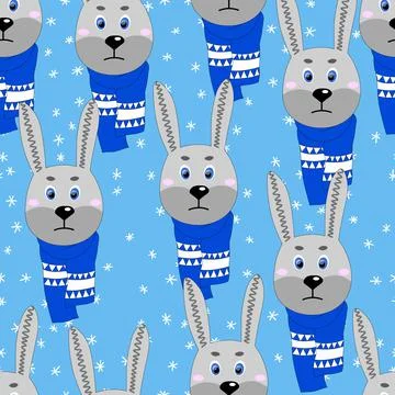 Seamless pattern with cute animal face on color background. Hare in a winter Stock Illustration