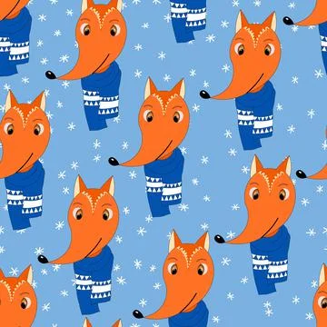 Seamless pattern with cute animal face on color background. Fox in a winter Stock Illustration