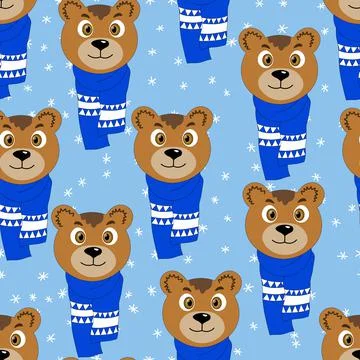 Seamless pattern with cute animal face on color background. Bear in a winter Stock Illustration