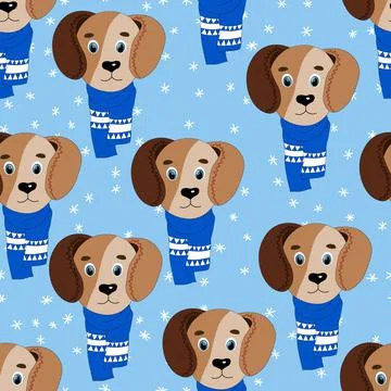 Seamless pattern with cute animal face on color background. Dog in a winter Stock Illustration