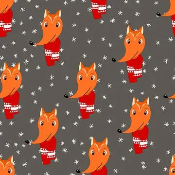 Seamless pattern with cute animal face on color background. Fox in a winter イラスト素材