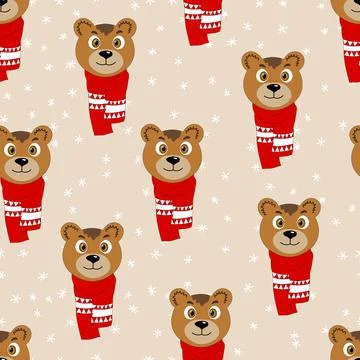 Seamless pattern with cute animal face on color background. Bear in a winter Stock Illustration