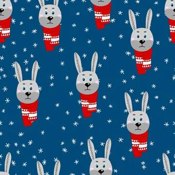 Seamless pattern with cute animal face on color background. Hare in a winter Illustrazione stock