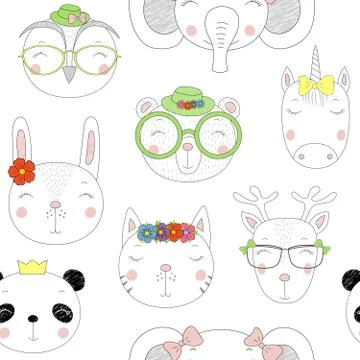 Seamless pattern with cute animal faces Stock Illustration