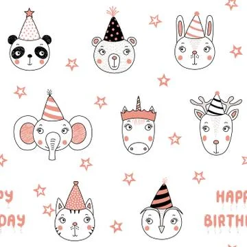 Seamless pattern with cute animal faces Stock Illustration