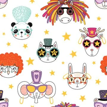 Seamless pattern with cute animal faces Illustrazione stock