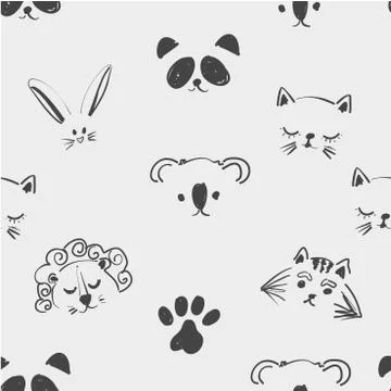 Seamless pattern of cute animal faces for t shirt, notebooks, card, fabric Stock Illustration