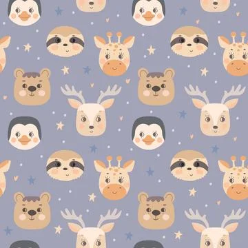 Seamless pattern with cute animal faces. The muzzle of a sloth, penguin, giraffe Stock Illustration