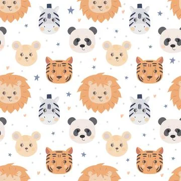 Seamless pattern with cute animal faces. The muzzle of a lion, tiger, zebra Stock Illustration