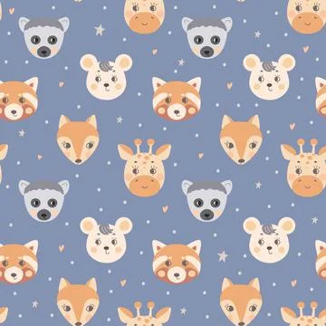 Seamless pattern with cute animal faces. The muzzle of a lemur, giraffe, fox 스톡 일러스트