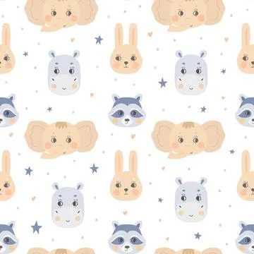 Seamless pattern with cute animal faces. The muzzle of a elephant, raccoon Stock Illustration