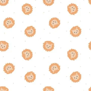 Seamless pattern with cute animal faces. The muzzle of a lion on a white Stock Illustration