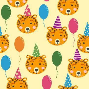 Seamless pattern with cute animal faces. Holiday illustration, birthday, ba.. Illustrazione stock