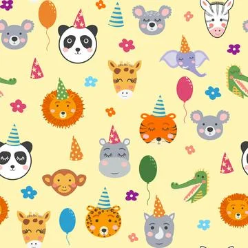Seamless pattern with cute animal faces. Holiday illustration, birthday, ba.. Stock Illustration