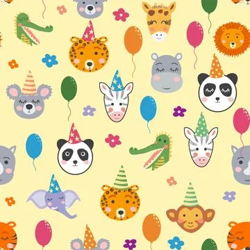 Seamless pattern with cute animal faces. Holiday illustration, birthday, ba.. Stock Illustration