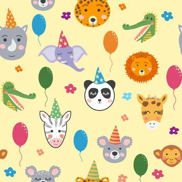 Seamless pattern with cute animal faces. Holiday illustration, birthday, ba.. Stock Illustration