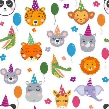 Seamless pattern with cute animal faces. Holiday illustration, birthday, ba.. 스톡 일러스트