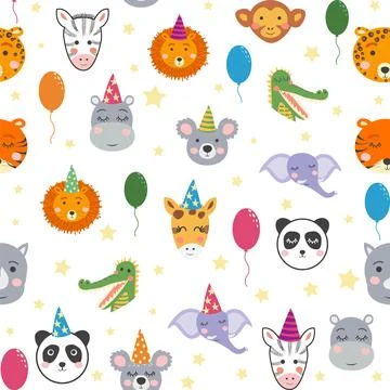 Seamless pattern with cute animal faces. Holiday illustration, birthday, ba.. 스톡 일러스트