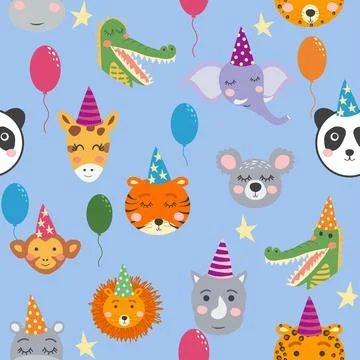 Seamless pattern with cute animal faces. Holiday illustration, birthday, ba.. Stockillustratie