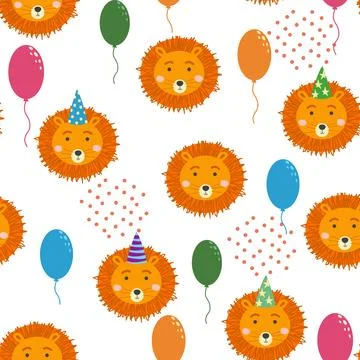Seamless pattern with cute animal faces. Holiday illustration, birthday, ba.. 스톡 일러스트