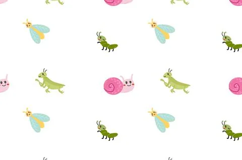 Seamless pattern with cute animal insects of spring Stock Illustration