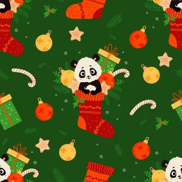 Seamless pattern with cute animal panda in Christmas sock with gift, ginger.. 스톡 일러스트