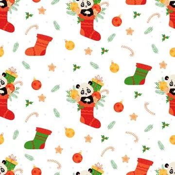 Seamless pattern with cute animal panda in Christmas sock with gift, ginger.. Stock Illustration