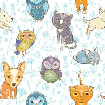 Seamless pattern with cute animals and floral backdrop Stock Illustration