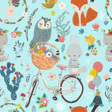 Seamless pattern with cute animals and flowers Illustrazione stock