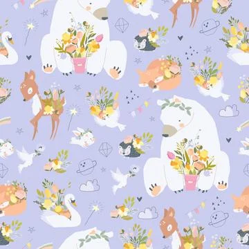 Seamless Pattern with Cute Animals and Spring Flowers Stock Illustration