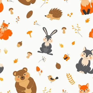 Seamless pattern with cute animals and plants cartoon style. Forest dweller.. Stock Illustration