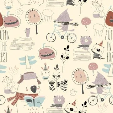 Seamless pattern with cute animals in autumn forest Stock Illustration