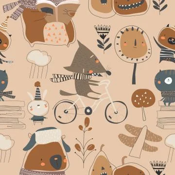 Seamless pattern with cute animals in autumn forest Stock Illustration